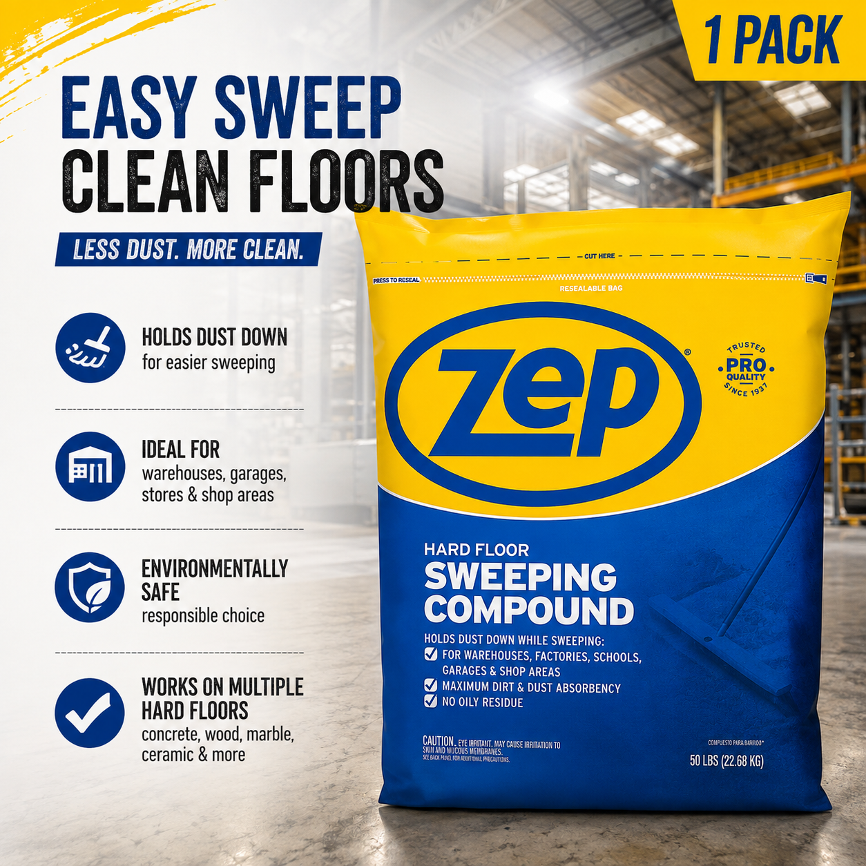 ZEP Heavy Duty Floor Sweeping Compound, 50 lb Dust Control Cleaning Powder